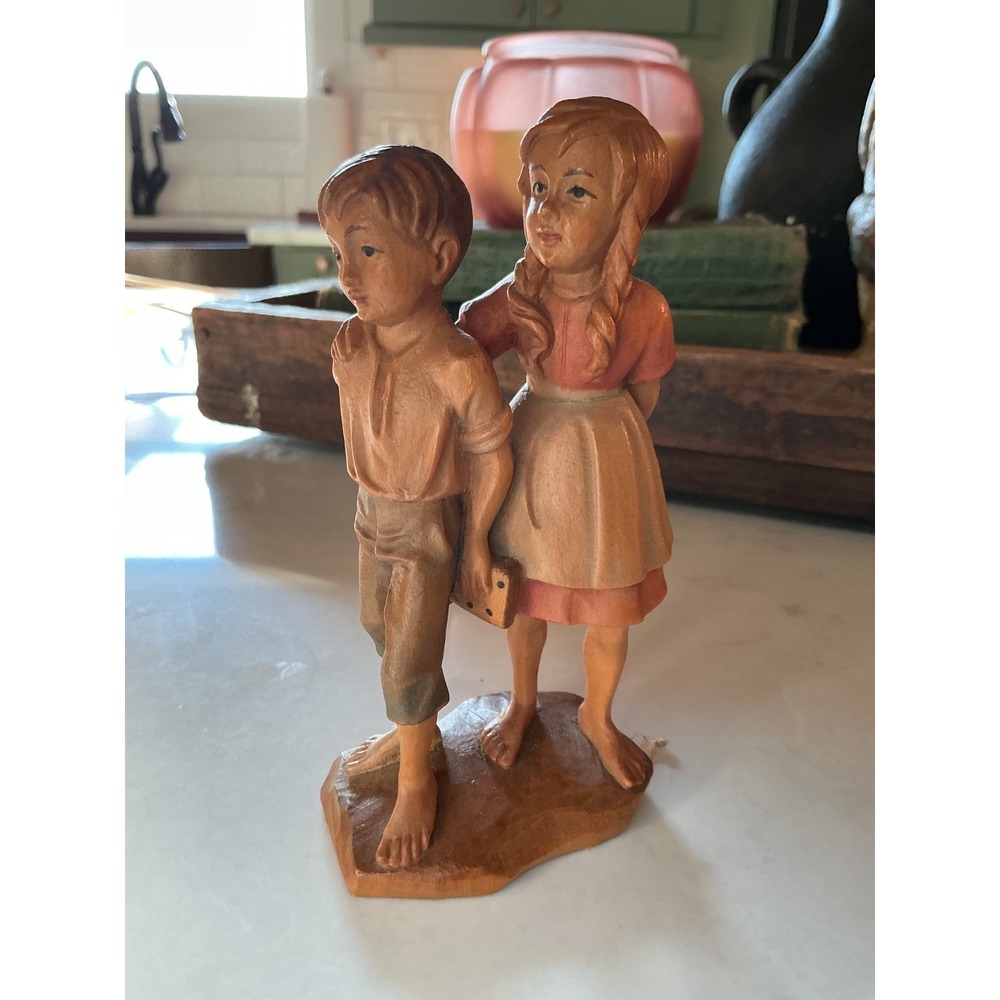 Beautiful Anri Wood Carving Girl And Boy Figurine Vintage Hansel And Gretel 5"